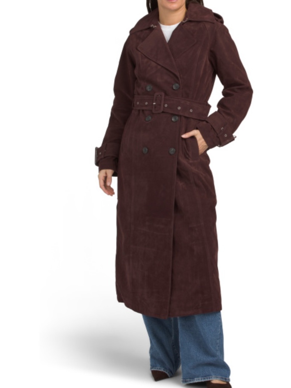 Avec Les Filles Long Double-Breasted Trench Coat in , BlackBerry